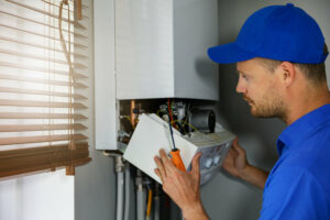 technician servicing a tankless water heater