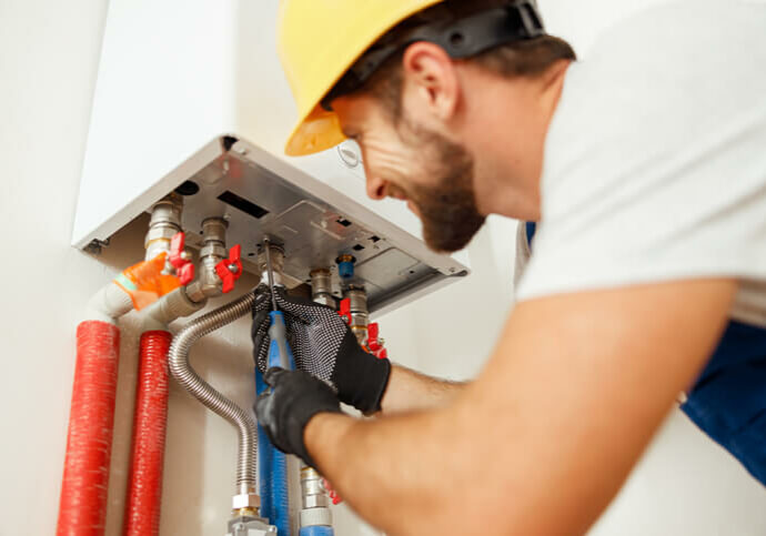 technician servicing a tankless water heater