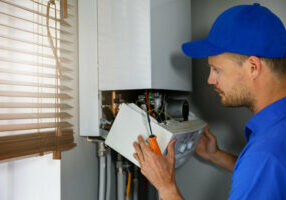 technician servicing a tankless water heater