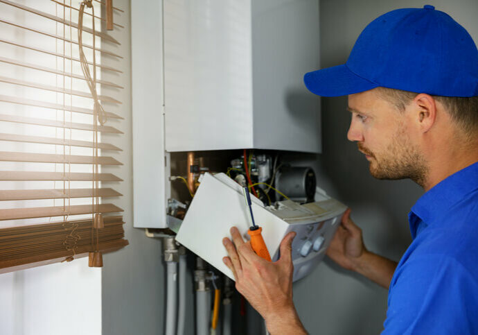 technician servicing a tankless water heater